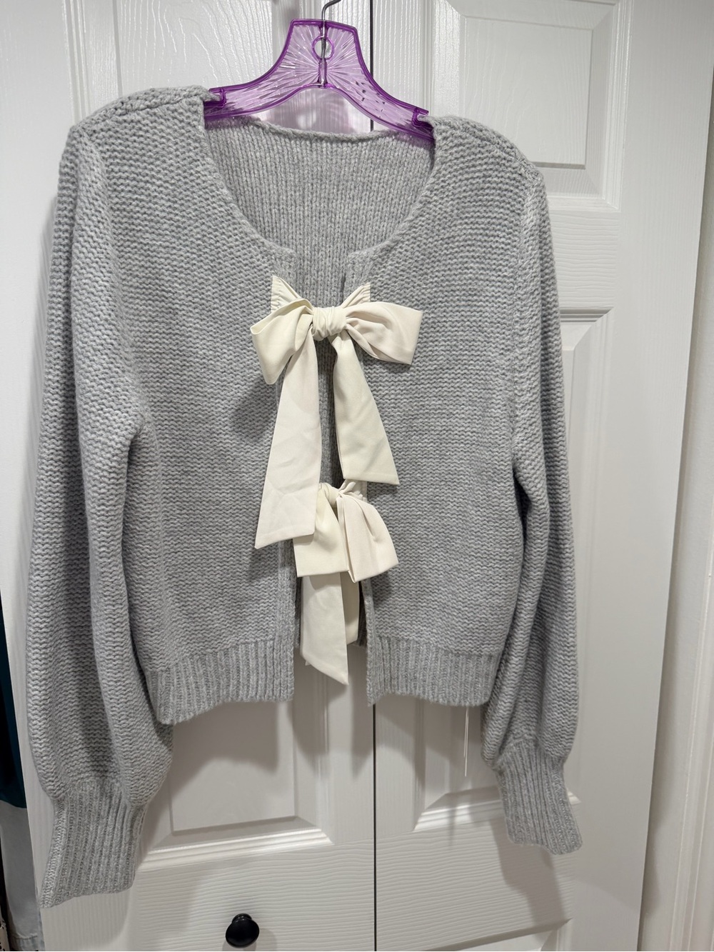 Commense Light Gray Knit Cardigan with Cream Bow Front